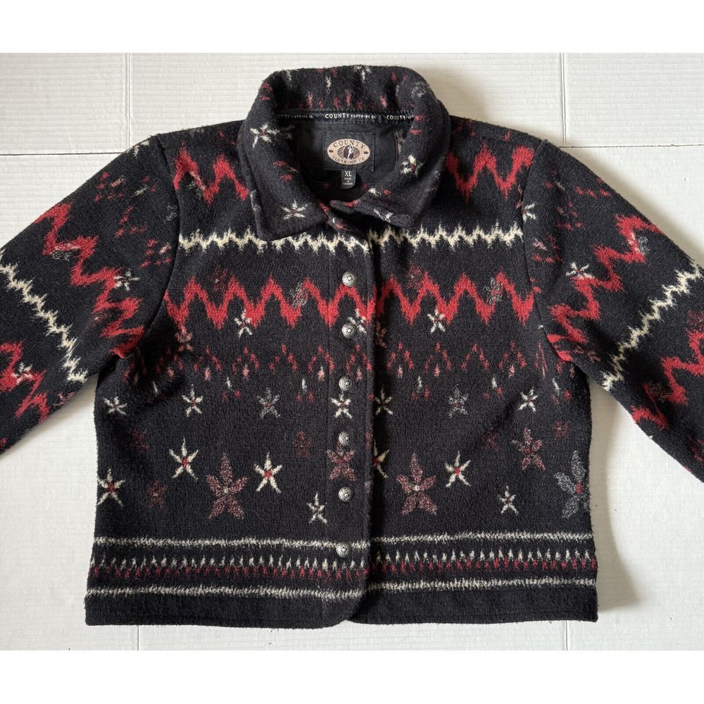 COUNTY CLOTHING CO - Women's Black & Red Boxy Button Jacket - Size X-Large